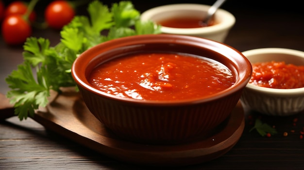 Un plato de comida con salsa sobre una mesa