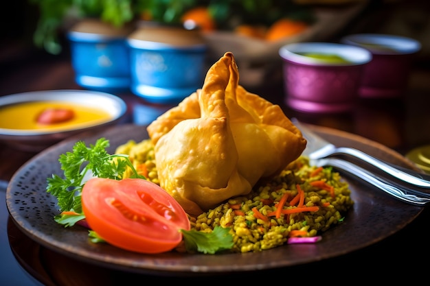 Un plato de comida con una samosa frita encima