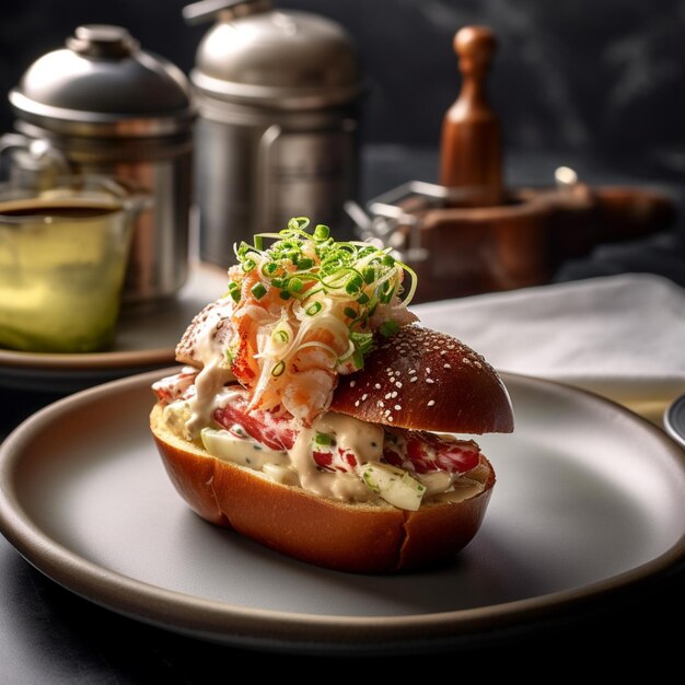 Un plato de comida con un sándwich con un bollo encima.