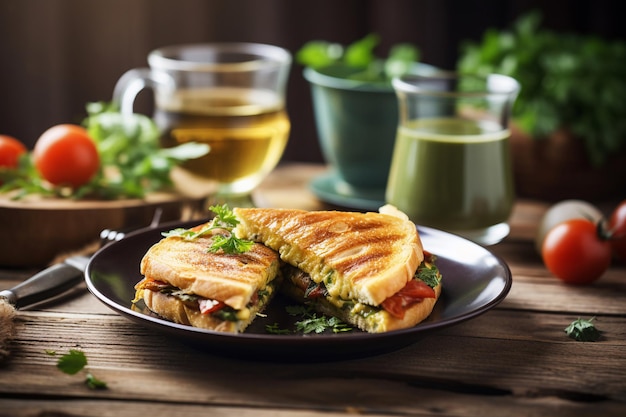 Un plato de comida con un sándwich cortado por la mitad y un vaso de té verde al lado.