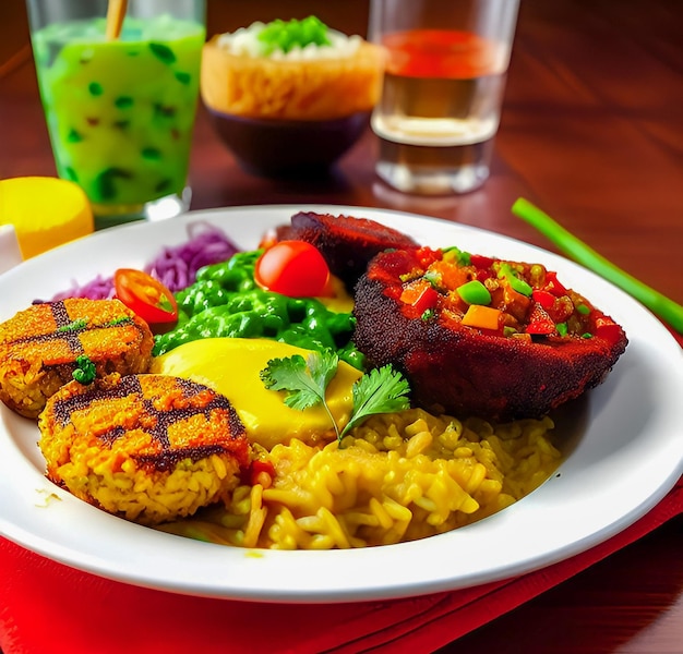 Un plato de comida con una servilleta roja sobre la mesa.