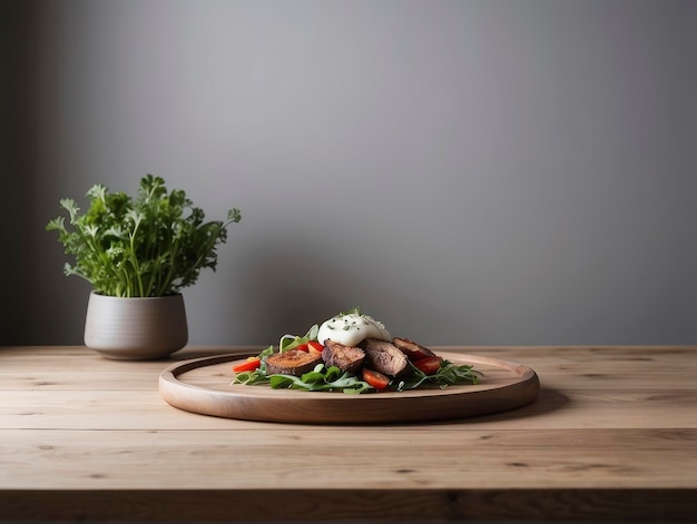 Foto un plato de comida sobre una mesa de madera con una planta en una maceta