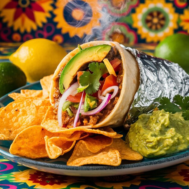 un plato de comida con un taco y un poco de guacamole en él