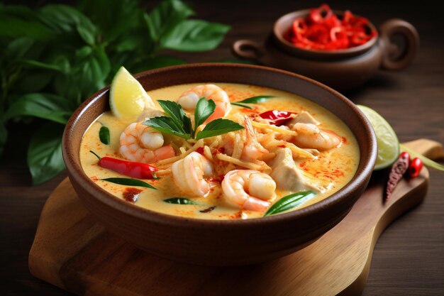 Un plato de comida tailandesa con gambas y leche de coco.