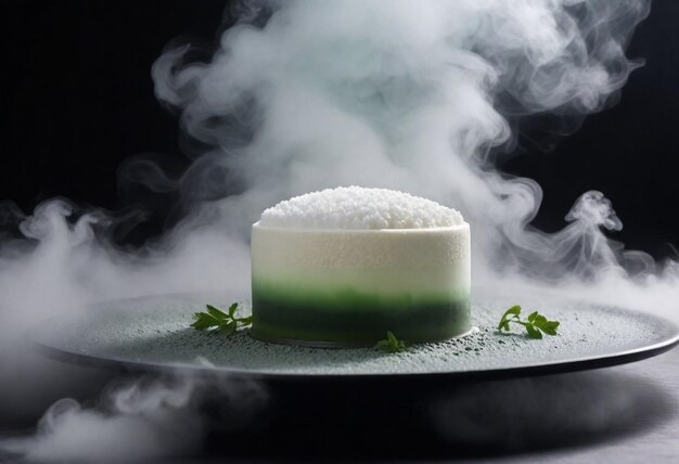 un plato de comida con una tapa verde y blanca en él