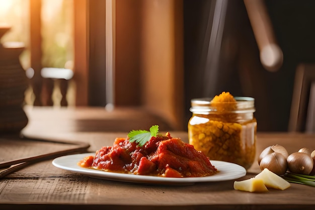 Un plato de comida con un tarro de cúrcuma.