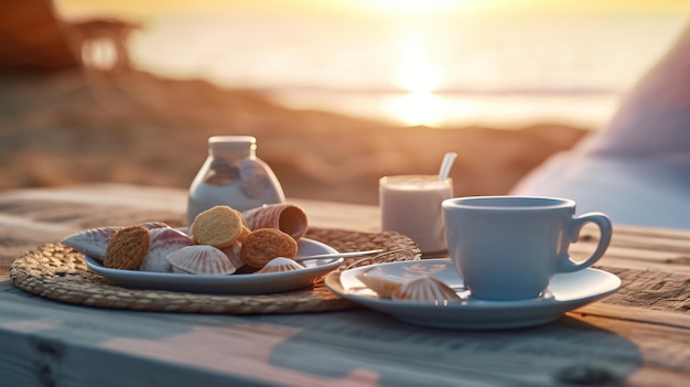 Un plato de comida y una taza de café en una mesa Arte generativo con IA