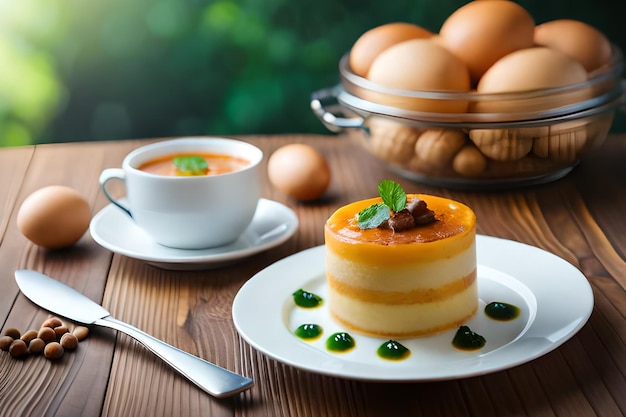 Un plato de comida con una taza de café y un plato de huevos.