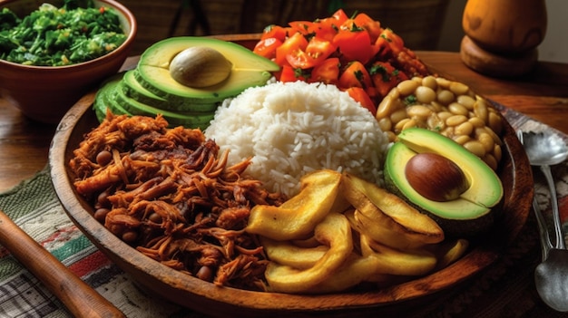 Un plato de comida con una taza de café roja al lado.