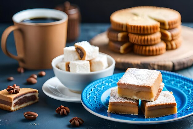 un plato de comida con una taza de café y una taza de café.