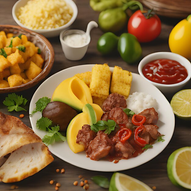 un plato de comida con un tazón de comida en él con un limón amarillo y un pimienta roja
