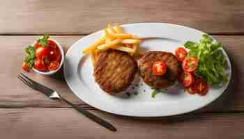 Foto un plato de comida con un tazón de comida y un tenedor a su lado con papas fritas y un tazó de ketchup