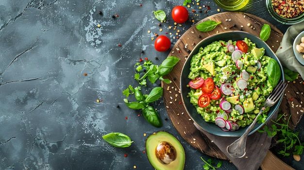 un plato de comida con un tazón de ensalada y aguacate
