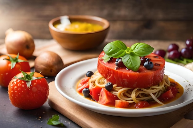 Un plato de comida con tomates y aceitunas en una mesa de madera