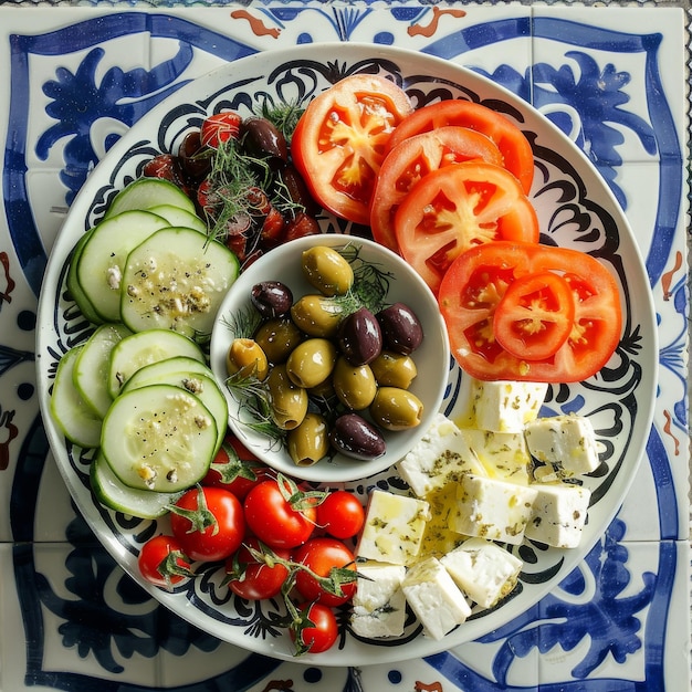 Foto plato de comida con tomates pepinos aceitunas y queso