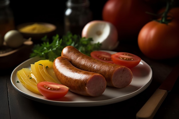 Un plato de comida con tomates y salchichas