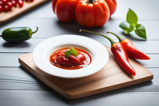 un plato de comida con tomates y salsa en una mesa de madera.