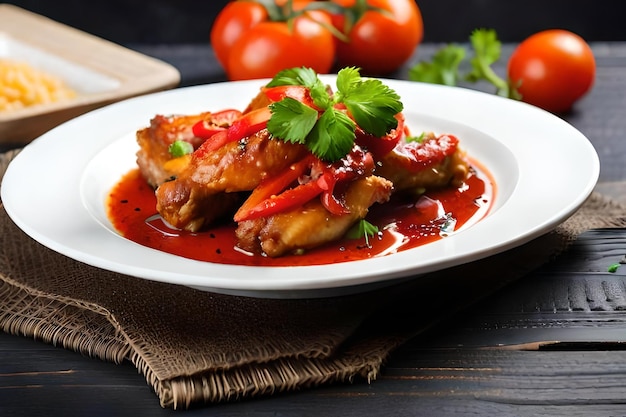 Un plato de comida con tomates y una tabla de madera.