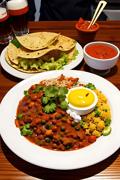 un plato de comida con tortillas y salsa en él