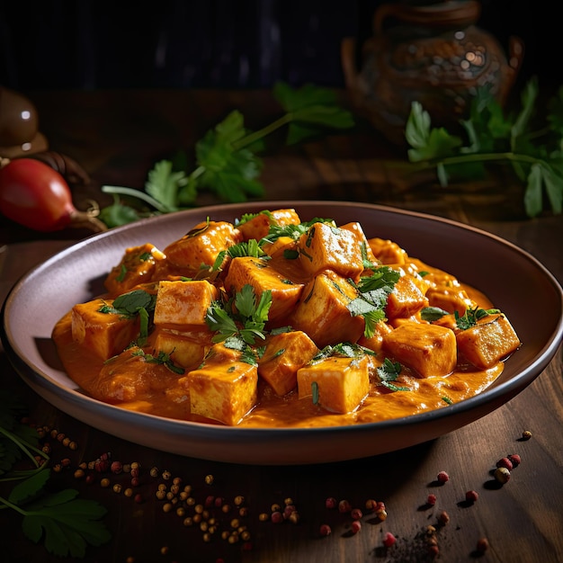 Plato de comida tradicional india nacional de curry de queso Paneer indio recién preparado con cilantro