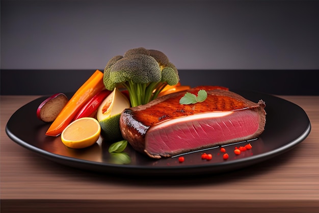 Un plato de comida con un trozo de carne encima.