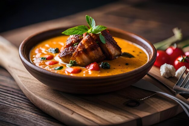 un plato de comida con un trozo de carne encima