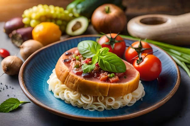 Un plato de comida con un trozo de carne encima.