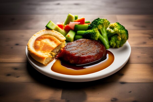 Un plato de comida con un trozo de carne y un trozo de brócoli al lado.