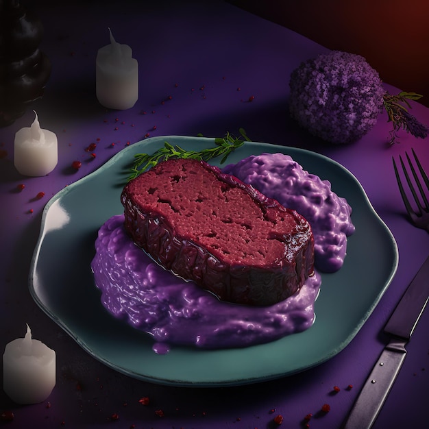 Un plato de comida con un trozo de pastel y puré de patatas morado al lado.