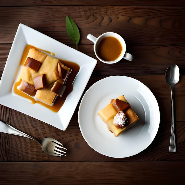 Un plato de comida con un trozo de pastel y una taza de café al lado.