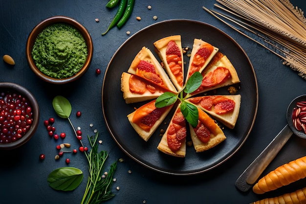 Un plato de comida con un trozo de pizza encima