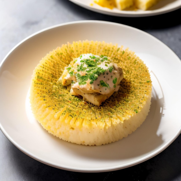 Foto un plato de comida con un trozo de pollo encima.