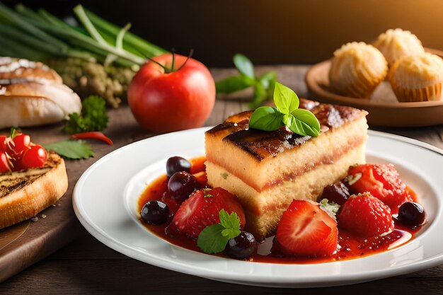 Un plato de comida con un trozo de tarta