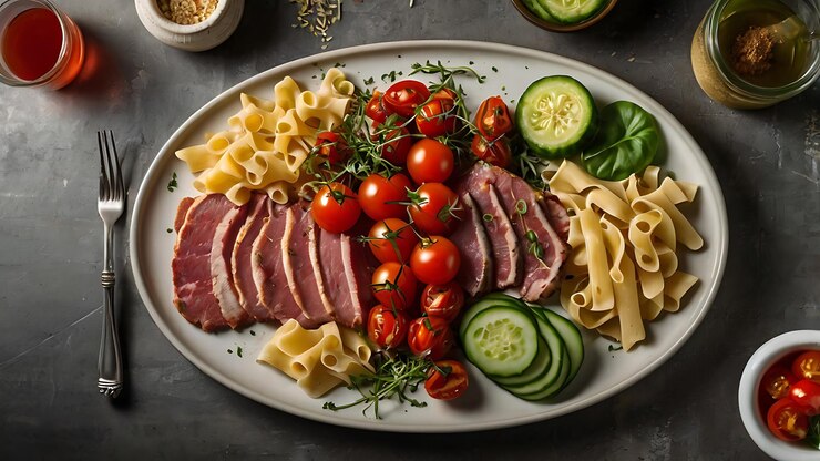 un plato de comida con una variedad de alimentos, incluidos macarrones y queso