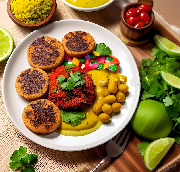 Un plato de comida con una variedad de alimentos que incluyen frijoles frijoles y un plato de limasComida brasileña