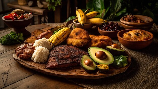 Foto un plato de comida con una variedad de alimentos que incluyen pollo, aguacate y guacamole.