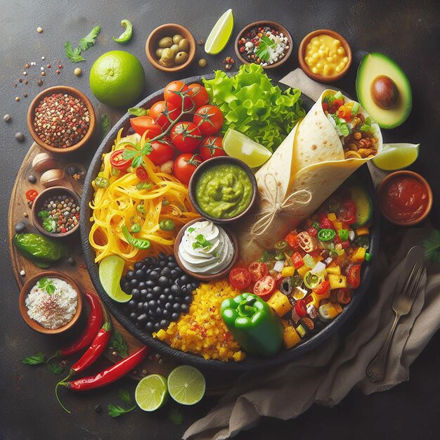 Foto un plato de comida con una variedad de alimentos en él