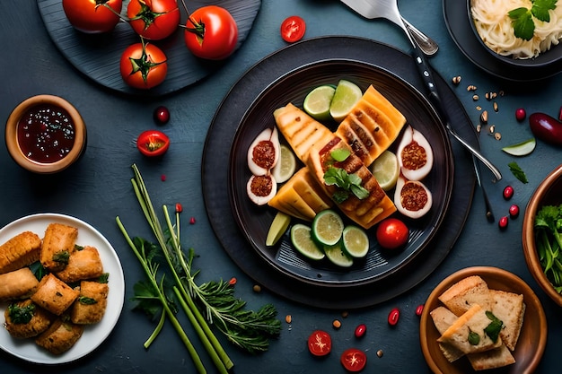 Un plato de comida con una variedad de comida en él