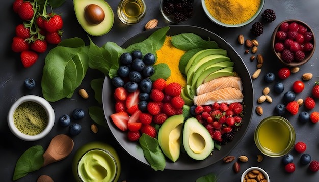 un plato de comida con una variedad de frutas, incluida una variedad de alimentos diferentes