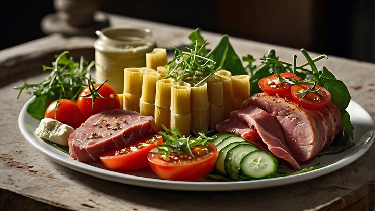 un plato de comida con una variedad de ingredientes, incluidas carne, verduras y salsa
