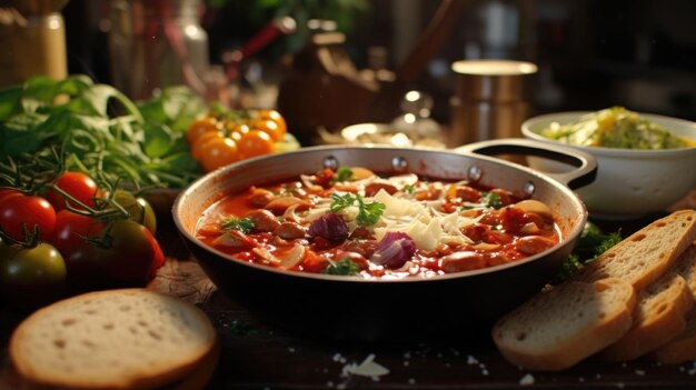 Un plato de comida con una variedad de ingredientes, incluidos tomates y cebollas