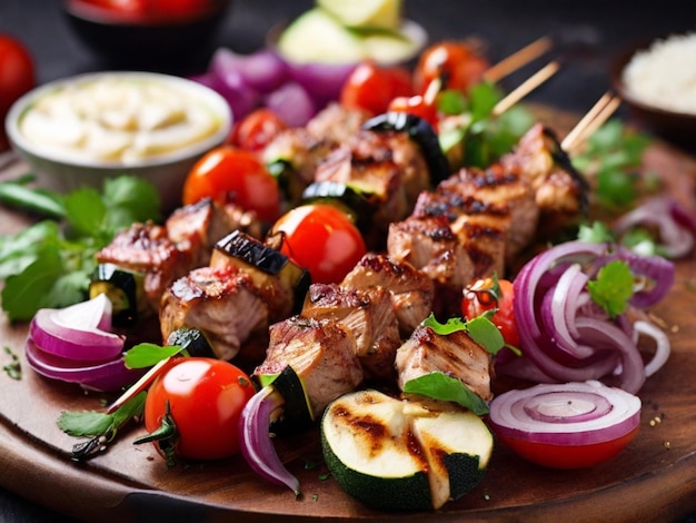 un plato de comida con una variedad de verduras, incluida la cebolla kebab y el rábano