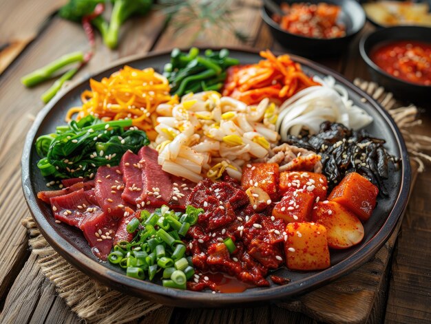 un plato de comida con una variedad de verduras, incluidos frijoles, frijoles y arroz