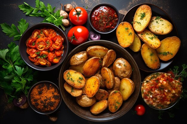 un plato de comida con una variedad de verduras, incluidos tomates, setas, tomates y tomates