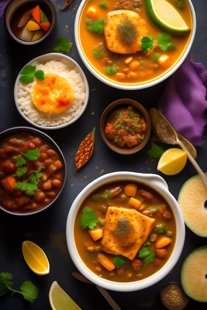 Un plato de comida con una variedad de verduras y panes.