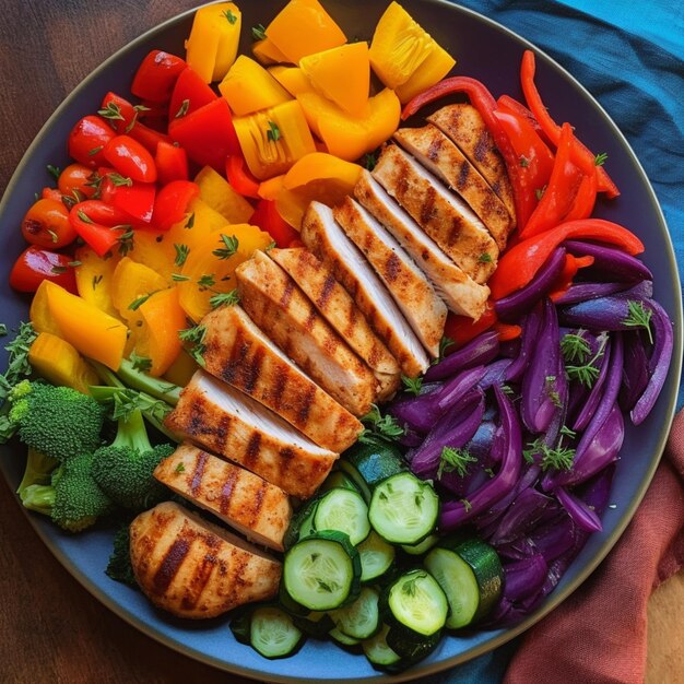 Un plato de comida con una variedad de verduras que incluyen pollo, brócoli, pimientos rojos y brócoli.