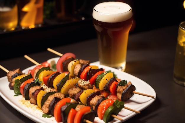 Un plato de comida con un vaso de cerveza al lado.