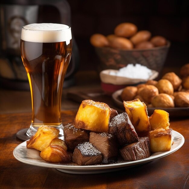 Un plato de comida y un vaso de cerveza con una cerveza de fondo.