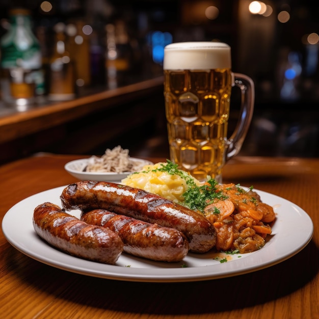 un plato de comida y un vaso de cerveza