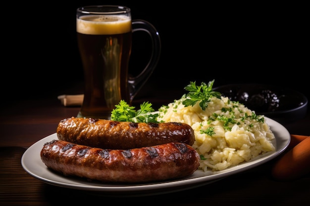 Un plato de comida y un vaso de cerveza.